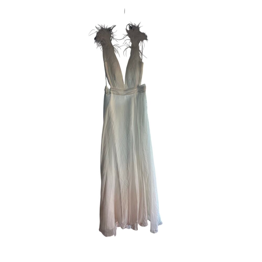 NWT Mac Duggal Plunge Ostrich Feather A-Line Gown in white - Picture 7 of 9